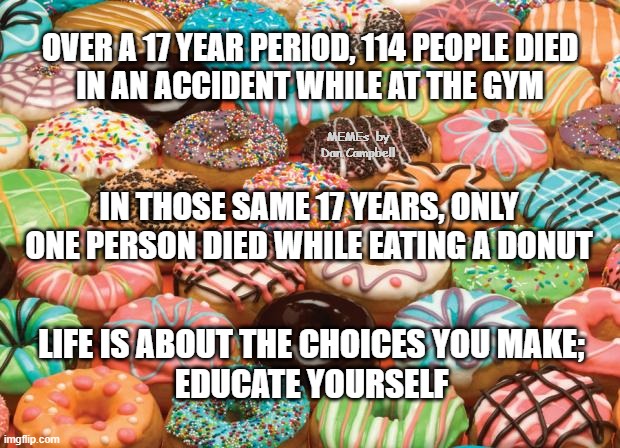 donuts | OVER A 17 YEAR PERIOD, 114 PEOPLE DIED
IN AN ACCIDENT WHILE AT THE GYM; MEMEs  by Dan Campbell; IN THOSE SAME 17 YEARS, ONLY ONE PERSON DIED WHILE EATING A DONUT; LIFE IS ABOUT THE CHOICES YOU MAKE;
EDUCATE YOURSELF | image tagged in donuts | made w/ Imgflip meme maker
