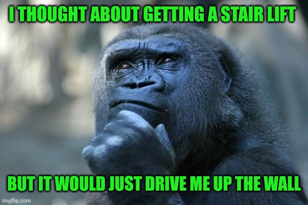 Deep Thoughts | I THOUGHT ABOUT GETTING A STAIR LIFT; BUT IT WOULD JUST DRIVE ME UP THE WALL | image tagged in deep thoughts | made w/ Imgflip meme maker