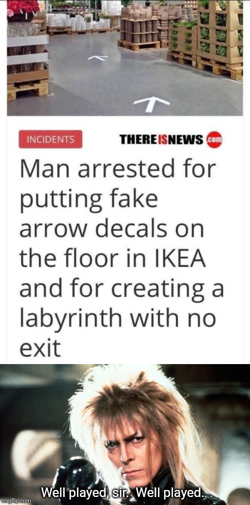 IKEA Labyrinth | Well played, sir.  Well played. | image tagged in david bowie labyrinth,ikea,arrow,floor,stickers,pranks | made w/ Imgflip meme maker