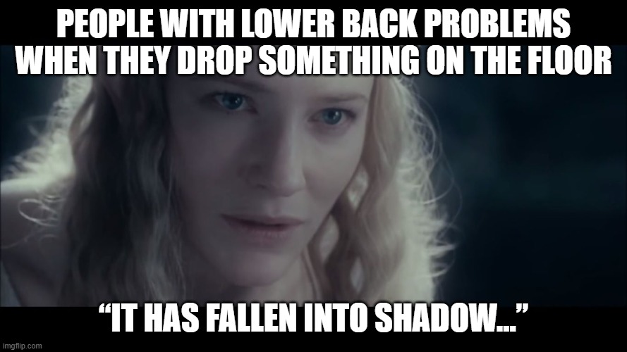 Galadriel | PEOPLE WITH LOWER BACK PROBLEMS WHEN THEY DROP SOMETHING ON THE FLOOR; “IT HAS FALLEN INTO SHADOW…” | image tagged in galadriel | made w/ Imgflip meme maker