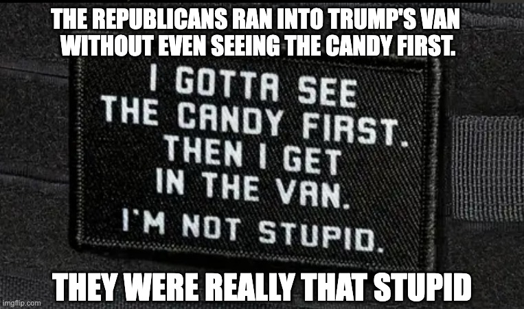 Got in trumps van without seeing candy first | THE REPUBLICANS RAN INTO TRUMP'S VAN 
WITHOUT EVEN SEEING THE CANDY FIRST. THEY WERE REALLY THAT STUPID | image tagged in i gotta see the candy first then i get in the van | made w/ Imgflip meme maker