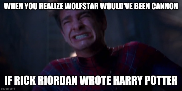Wolfstar would've been cannon if Rick Riordan wrote Harry Potter | WHEN YOU REALIZE WOLFSTAR WOULD'VE BEEN CANNON; IF RICK RIORDAN WROTE HARRY POTTER | image tagged in andrew garfield crying | made w/ Imgflip meme maker