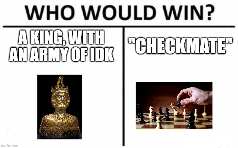 Who Would Win? | A KING, WITH AN ARMY OF IDK; "CHECKMATE" | image tagged in memes,who would win | made w/ Imgflip meme maker