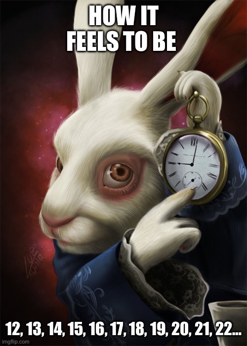 . | HOW IT FEELS TO BE; 12, 13, 14, 15, 16, 17, 18, 19, 20, 21, 22… | image tagged in white rabbit pointing at a clock | made w/ Imgflip meme maker