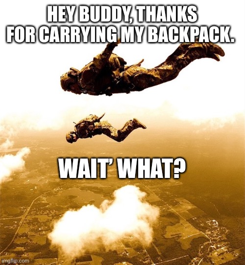 What a Buddy | HEY BUDDY, THANKS FOR CARRYING MY BACKPACK. WAIT’ WHAT? | image tagged in free fall angels | made w/ Imgflip meme maker