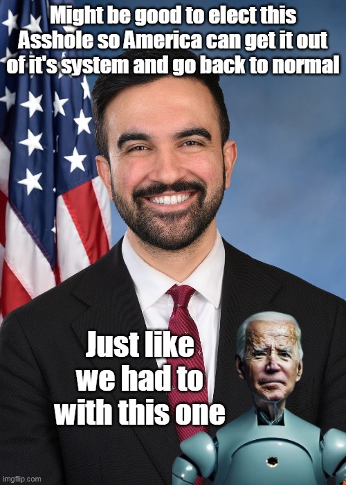 We've already proved Americans can survive anything | Might be good to elect this Asshole so America can get it out of it's system and go back to normal; Just like we had to with this one | image tagged in mamdani learn a lesson meme | made w/ Imgflip meme maker