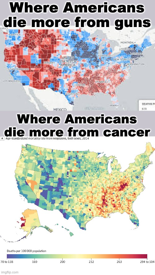 Where Americans die more from guns Where Americans die more from cancer | made w/ Imgflip meme maker