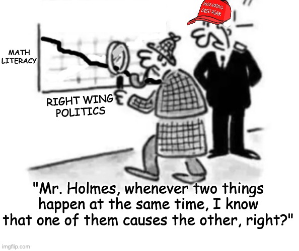 The MAGA attack on education is non-coincidental | MATH
LITERACY RIGHT WING
POLITICS "Mr. Holmes, whenever two things happen at the same time, I know that one of them causes the other, right? | image tagged in math,maga,idiocracy,statistics | made w/ Imgflip meme maker