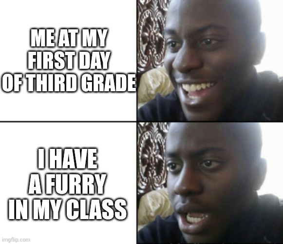 Everybody | ME AT MY FIRST DAY OF THIRD GRADE; I HAVE A FURRY IN MY CLASS | image tagged in happy / shock | made w/ Imgflip meme maker