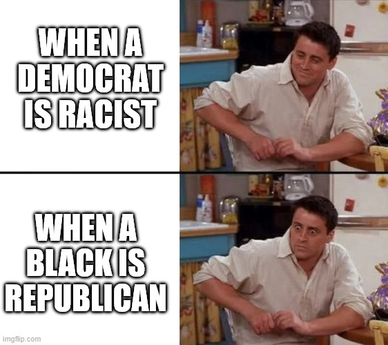 WHEN A DEMOCRAT IS RACIST WHEN A BLACK IS REPUBLICAN | image tagged in surprised joey | made w/ Imgflip meme maker