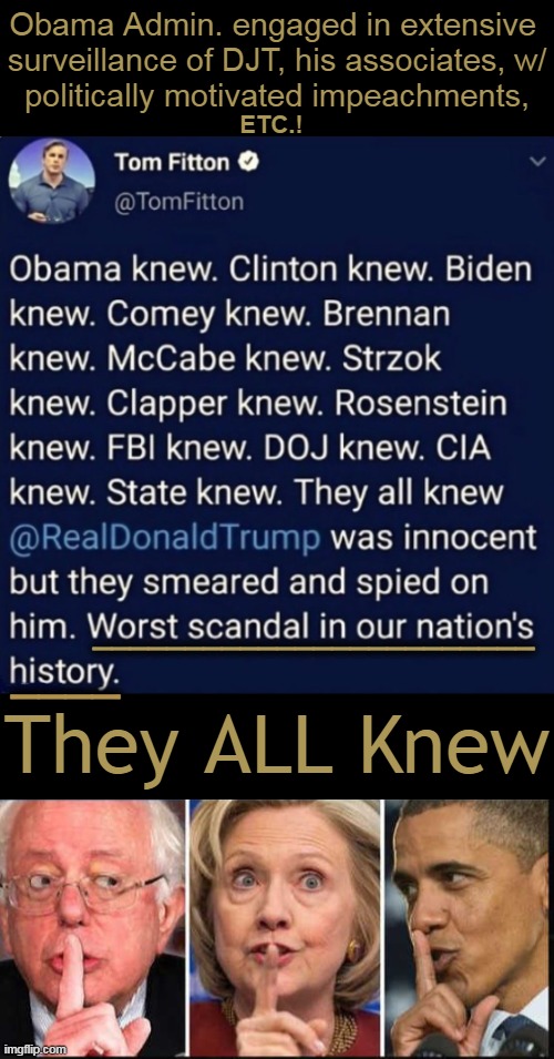 Past Time for the 'Punishment Phase' of Pathetic Progressives! | Obama Admin. engaged in extensive 
surveillance of DJT, his associates, w/
politically motivated impeachments, ETC.! ________________________; ____; They ALL Knew | image tagged in obama,hillary,fbi,doj,partisan politics,evil government | made w/ Imgflip meme maker
