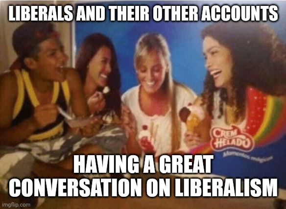 How it feels to listen to podcasts | LIBERALS AND THEIR OTHER ACCOUNTS; HAVING A GREAT CONVERSATION ON LIBERALISM | image tagged in how it feels to listen to podcasts | made w/ Imgflip meme maker
