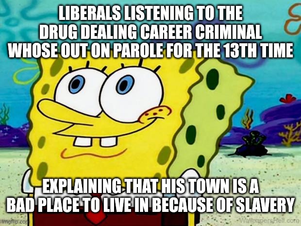 SpongeBob listening | LIBERALS LISTENING TO THE DRUG DEALING CAREER CRIMINAL WHOSE OUT ON PAROLE FOR THE 13TH TIME; EXPLAINING THAT HIS TOWN IS A BAD PLACE TO LIVE IN BECAUSE OF SLAVERY | image tagged in spongebob listening | made w/ Imgflip meme maker