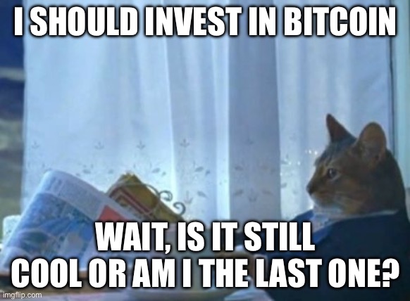 I SHOULD INVEST IN BITCOIN; WAIT, IS IT STILL COOL OR AM I THE LAST ONE? | I SHOULD INVEST IN BITCOIN; WAIT, IS IT STILL COOL OR AM I THE LAST ONE? | image tagged in memes,i should buy a boat cat,bitcoin,cryptocurrency,crypto,money money | made w/ Imgflip meme maker