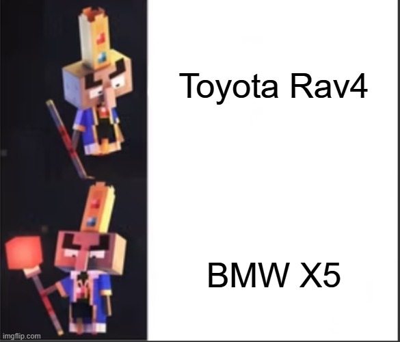 Arch-Illager format | Toyota Rav4; BMW X5 | image tagged in arch-illager format | made w/ Imgflip meme maker