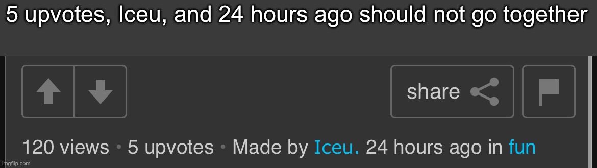 5 upvotes, Iceu, and 24 hours ago should not go together | made w/ Imgflip meme maker