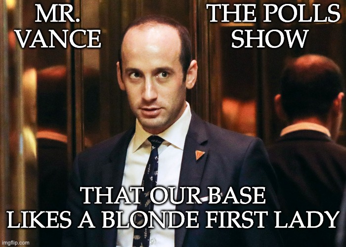 stephen miller | MR. VANCE THAT OUR BASE LIKES A BLONDE FIRST LADY THE POLLS
SHOW | image tagged in stephen miller | made w/ Imgflip meme maker
