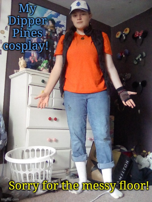 Sorry, I couldn't find my grey shorts. Also I'm a big back ? | My Dipper Pines cosplay! Sorry for the messy floor! | image tagged in coplay,gravity falls | made w/ Imgflip meme maker