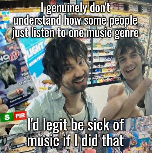 Kevin Parker and Joe Keery | I genuinely don't understand how some people just listen to one music genre; I'd legit be sick of
music if I did that | image tagged in kevin parker and joe keery | made w/ Imgflip meme maker