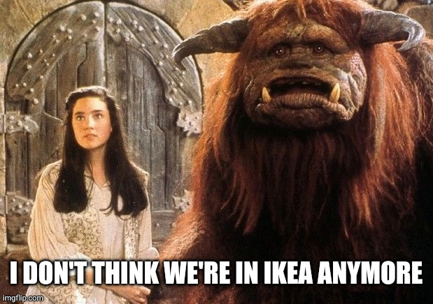 Ludo and Sarah Labyrinth | I DON'T THINK WE'RE IN IKEA ANYMORE | image tagged in ludo and sarah labyrinth | made w/ Imgflip meme maker
