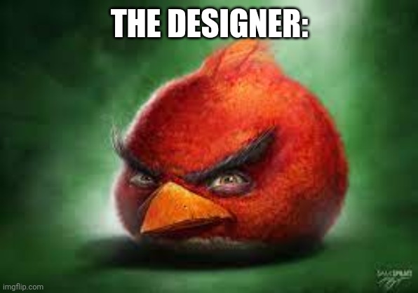 THE DESIGNER: | image tagged in realistic red angry birds | made w/ Imgflip meme maker