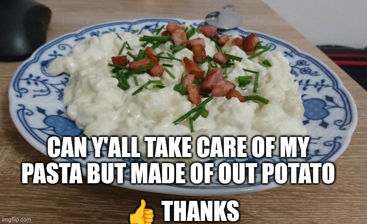 Bryndzové Halušky :D | CAN Y'ALL TAKE CARE OF MY PASTA BUT MADE OF OUT POTATO; 👍 THANKS | image tagged in bryndzove halusky | made w/ Imgflip meme maker