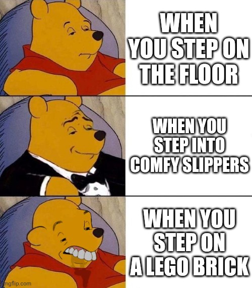 Best,Better, Blurst | WHEN YOU STEP ON THE FLOOR; WHEN YOU STEP INTO COMFY SLIPPERS; WHEN YOU STEP ON A LEGO BRICK | image tagged in best better blurst | made w/ Imgflip meme maker