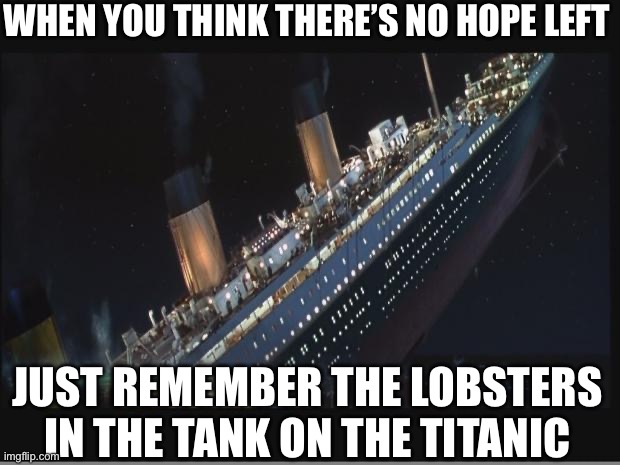 Hope | WHEN YOU THINK THERE’S NO HOPE LEFT; JUST REMEMBER THE LOBSTERS IN THE TANK ON THE TITANIC | image tagged in titanic sinking,hopeless,hope,lobster | made w/ Imgflip meme maker