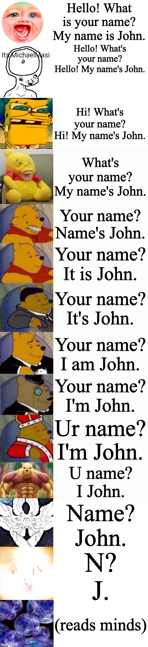 Tuxedo Winnie the Pooh Super Extended | Hello! What is your name?
My name is John. Hello! What's your name?
Hello! My name's John. Hi! What's your name?
Hi! My name's John. What's your name?
My name's John. Your name?
Name's John. Your name?
It is John. Your name?
It's John. Your name?
I am John. Your name?
I'm John. Ur name?
I'm John. U name?
I John. Name?
John. N?
J. (reads minds) | image tagged in tuxedo winnie the pooh super extended | made w/ Imgflip meme maker