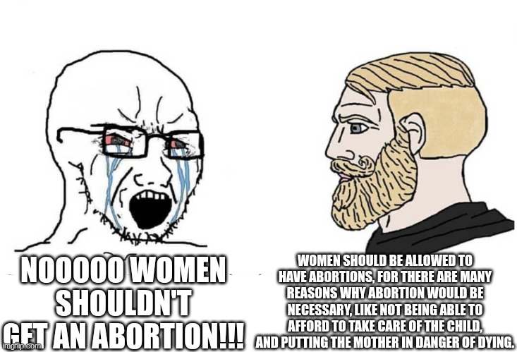 first and only post in this place | WOMEN SHOULD BE ALLOWED TO HAVE ABORTIONS, FOR THERE ARE MANY REASONS WHY ABORTION WOULD BE NECESSARY, LIKE NOT BEING ABLE TO AFFORD TO TAKE CARE OF THE CHILD, AND PUTTING THE MOTHER IN DANGER OF DYING. NOOOOO WOMEN SHOULDN'T GET AN ABORTION!!! | image tagged in soyboy vs yes chad | made w/ Imgflip meme maker