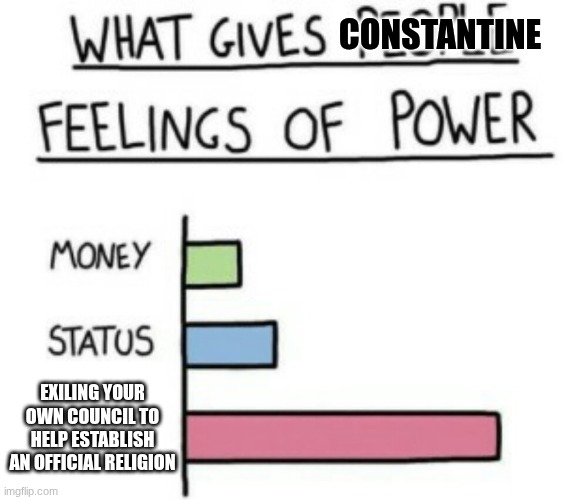 Constantine Christianity Meme | CONSTANTINE; EXILING YOUR OWN COUNCIL TO HELP ESTABLISH AN OFFICIAL RELIGION | image tagged in what gives people feelings of power | made w/ Imgflip meme maker