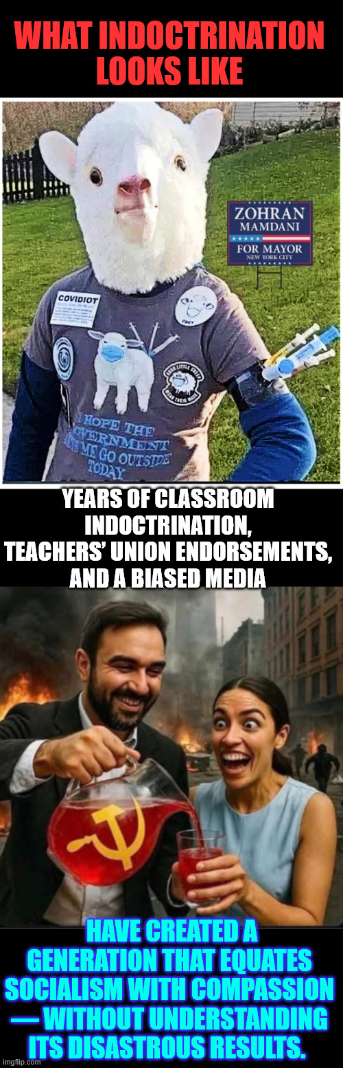 What indoctrination looks like | WHAT INDOCTRINATION LOOKS LIKE; YEARS OF CLASSROOM INDOCTRINATION, TEACHERS’ UNION ENDORSEMENTS, AND A BIASED MEDIA; HAVE CREATED A GENERATION THAT EQUATES SOCIALISM WITH COMPASSION — WITHOUT UNDERSTANDING ITS DISASTROUS RESULTS. | image tagged in what indoctrination looks like | made w/ Imgflip meme maker