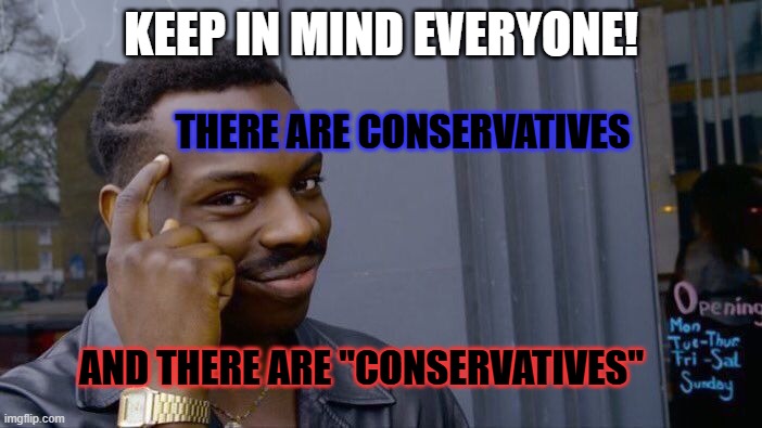 Roll Safe Think About It Meme | KEEP IN MIND EVERYONE! THERE ARE CONSERVATIVES; AND THERE ARE "CONSERVATIVES" | image tagged in memes,roll safe think about it | made w/ Imgflip meme maker