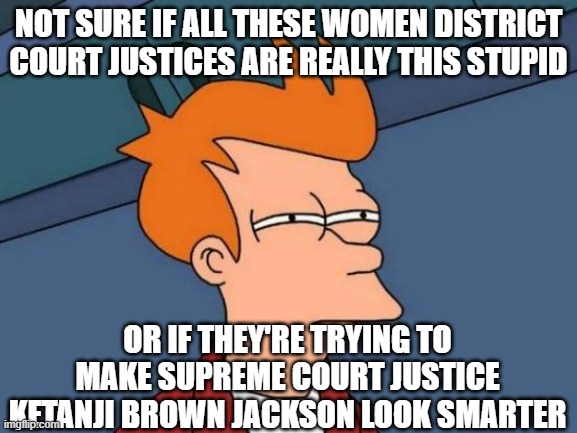I'm guessing they're stupid | NOT SURE IF ALL THESE WOMEN DISTRICT COURT JUSTICES ARE REALLY THIS STUPID; OR IF THEY'RE TRYING TO MAKE SUPREME COURT JUSTICE KETANJI BROWN JACKSON LOOK SMARTER | image tagged in memes,futurama fry | made w/ Imgflip meme maker
