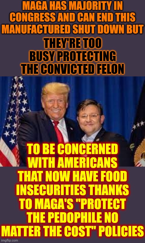 Maga Nazis R Telling You That A Convicted Felon's DELUSIONS Are More Important Than Food For Your CHILDREN Because They're EVIL! | MAGA HAS MAJORITY IN CONGRESS AND CAN END THIS MANUFACTURED SHUT DOWN BUT; THEY'RE TOO BUSY PROTECTING THE CONVICTED FELON; TO BE CONCERNED WITH AMERICANS THAT NOW HAVE FOOD INSECURITIES THANKS TO MAGA'S "PROTECT THE PEDOPHILE NO MATTER THE COST" POLICIES | image tagged in memes,maga,nazis,trump is using starvation as a political tactic,lock him up,trump is a convicted felon | made w/ Imgflip meme maker