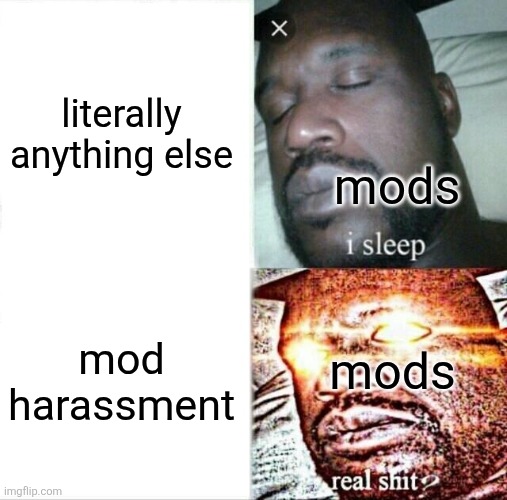 mostly a joke | literally anything else; mods; mod harassment; mods | image tagged in memes,sleeping shaq,buihcxn b uhsfgiunbh | made w/ Imgflip meme maker
