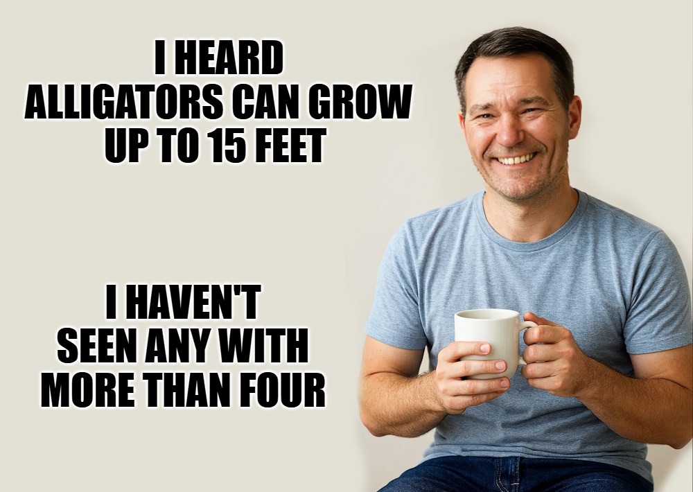joke time | I HEARD ALLIGATORS CAN GROW UP TO 15 FEET; I HAVEN'T SEEN ANY WITH MORE THAN FOUR | image tagged in joke,kewlew | made w/ Imgflip meme maker