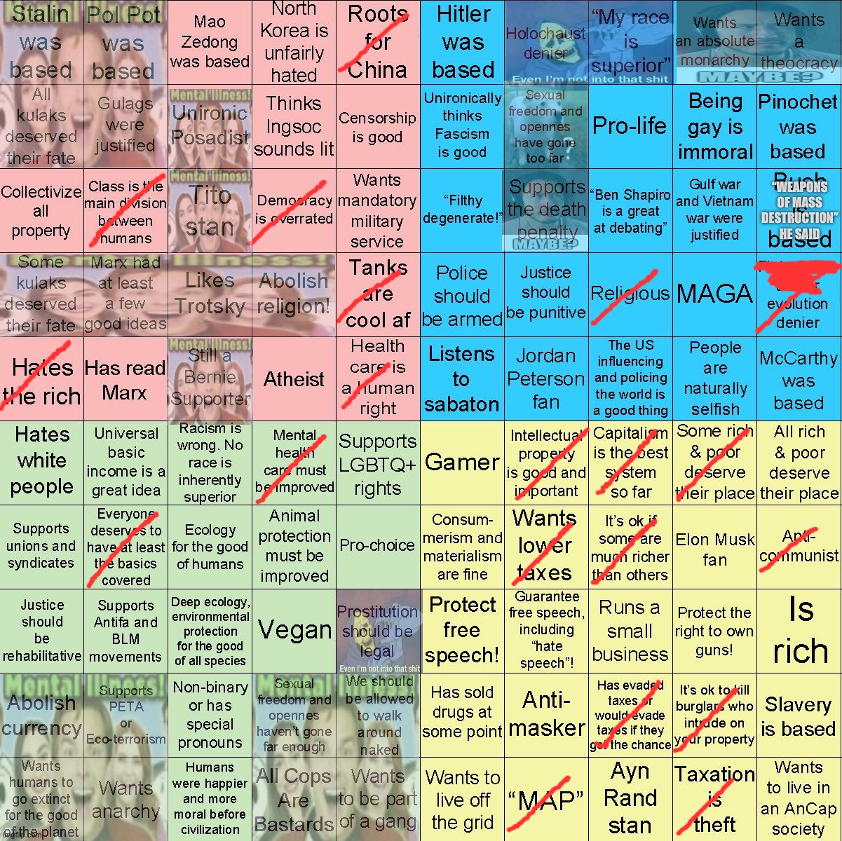 I spent more time putting the images than actually doing the bingo :sob: | “WEAPONS OF MASS DESTRUCTION” HE SAID | image tagged in political compass bingo | made w/ Imgflip meme maker