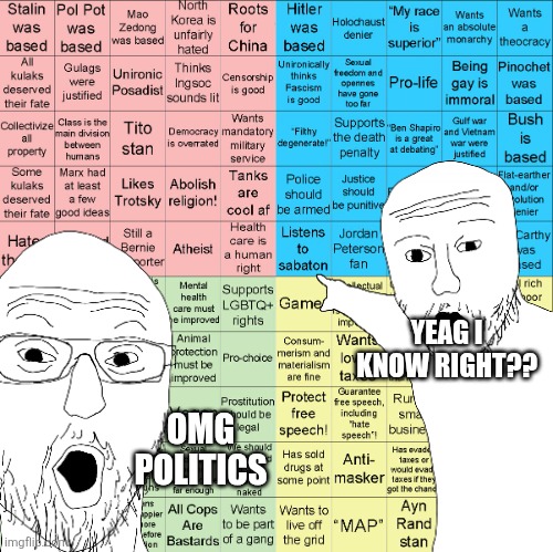 the link has a spider [aay8w8] | YEAG I KNOW RIGHT?? OMG POLITICS | image tagged in political compass bingo | made w/ Imgflip meme maker