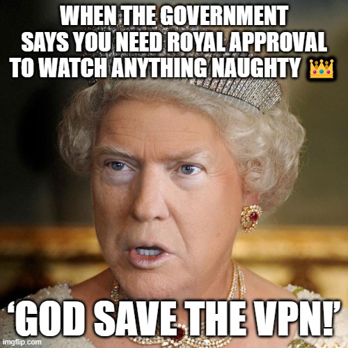 ‘GOD SAVE THE VPN!’ | WHEN THE GOVERNMENT SAYS YOU NEED ROYAL APPROVAL TO WATCH ANYTHING NAUGHTY 👑; ‘GOD SAVE THE VPN!’ | image tagged in trump s face onto the queen s,united kingdom,british royals,internet,government,vpn | made w/ Imgflip meme maker
