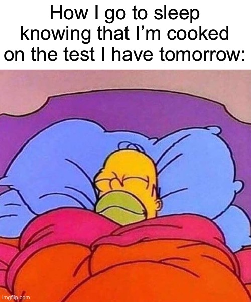 And it’s always like this without fail | How I go to sleep knowing that I’m cooked on the test I have tomorrow: | image tagged in homer simpson sleeping peacefully | made w/ Imgflip meme maker
