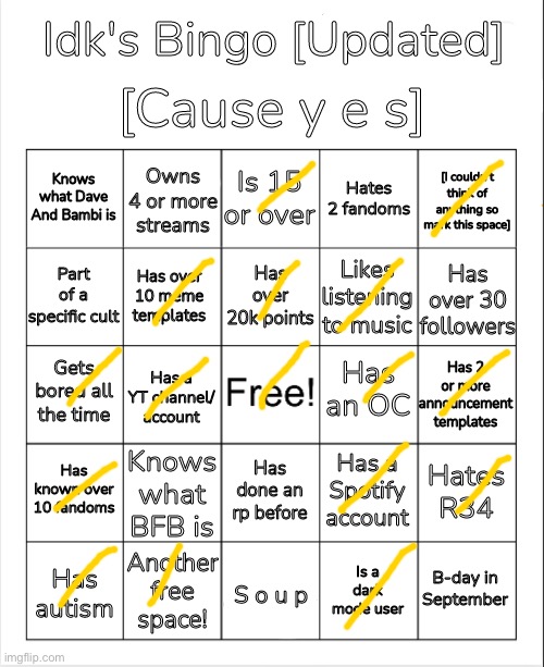 Yay! I got a bingo! | image tagged in idk's bingo updated version | made w/ Imgflip meme maker