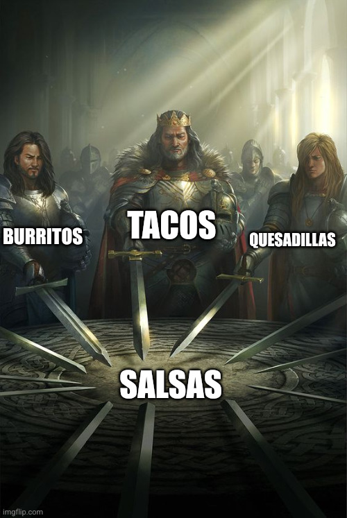 Mexican foods of the Round Table | TACOS; BURRITOS; QUESADILLAS; SALSAS | image tagged in knights of the round table,memes,united by salsa,quesadilla,burrito,salsa | made w/ Imgflip meme maker