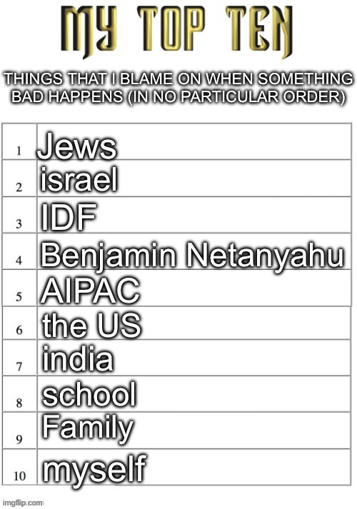 Top ten list better | THINGS THAT I BLAME ON WHEN SOMETHING BAD HAPPENS (IN NO PARTICULAR ORDER); Jews; israel; IDF; Benjamin Netanyahu; AIPAC; the US; india; school; Family; myself | image tagged in top ten list better | made w/ Imgflip meme maker