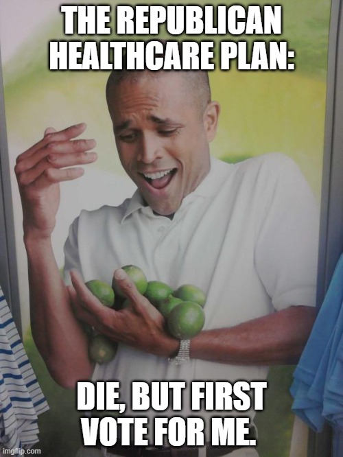 Sum Plan | THE REPUBLICAN HEALTHCARE PLAN:; DIE, BUT FIRST VOTE FOR ME. | image tagged in gop,healthcare,trump,maga,retards | made w/ Imgflip meme maker