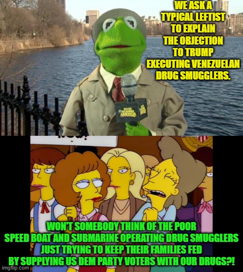 It all makes sense now . . . doesn't it? | WE ASK A TYPICAL LEFTIST TO EXPLAIN THE OBJECTION TO TRUMP EXECUTING VENEZUELAN DRUG SMUGGLERS. WON'T SOMEBODY THINK OF THE POOR SPEED BOAT AND SUBMARINE OPERATING DRUG SMUGGLERS JUST TRYING TO KEEP THEIR FAMILIES FED BY SUPPLYING US DEM PARTY VOTERS WITH OUR DRUGS?! | image tagged in kermit news report | made w/ Imgflip meme maker