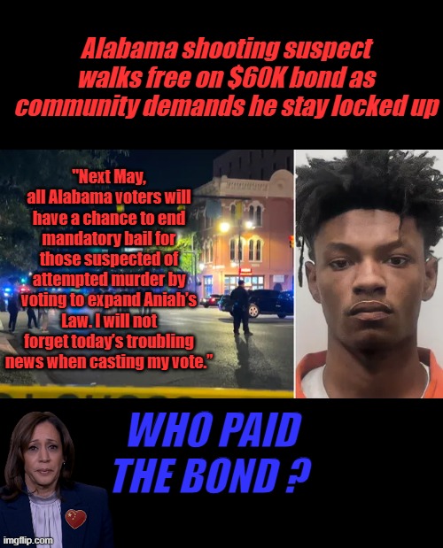 Free food free housing free HC . Free Ride | Alabama shooting suspect walks free on $60K bond as community demands he stay locked up; "Next May, all Alabama voters will have a chance to end mandatory bail for those suspected of attempted murder by voting to expand Aniah’s Law. I will not forget today’s troubling news when casting my vote.”; WHO PAID THE BOND ? | made w/ Imgflip meme maker