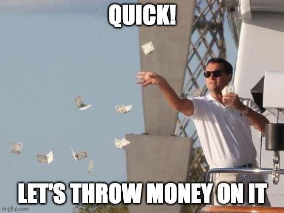 quick let's throw money on it | QUICK! LET'S THROW MONEY ON IT | image tagged in leonardo dicaprio throwing money | made w/ Imgflip meme maker