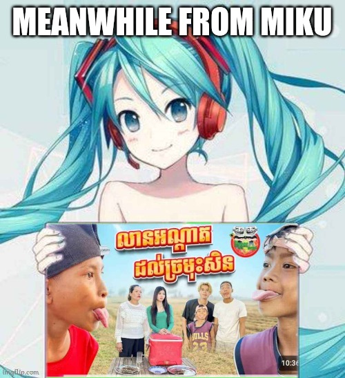 MEANWHILE FROM MIKU | image tagged in memes,hatsune miku holding a sign | made w/ Imgflip meme maker