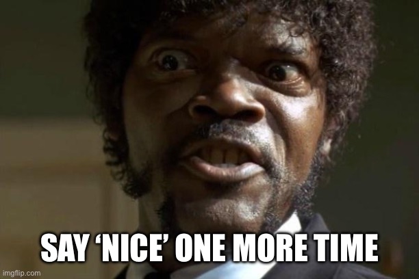 Pulp Fiction - Jules | SAY ‘NICE’ ONE MORE TIME | image tagged in pulp fiction - jules | made w/ Imgflip meme maker